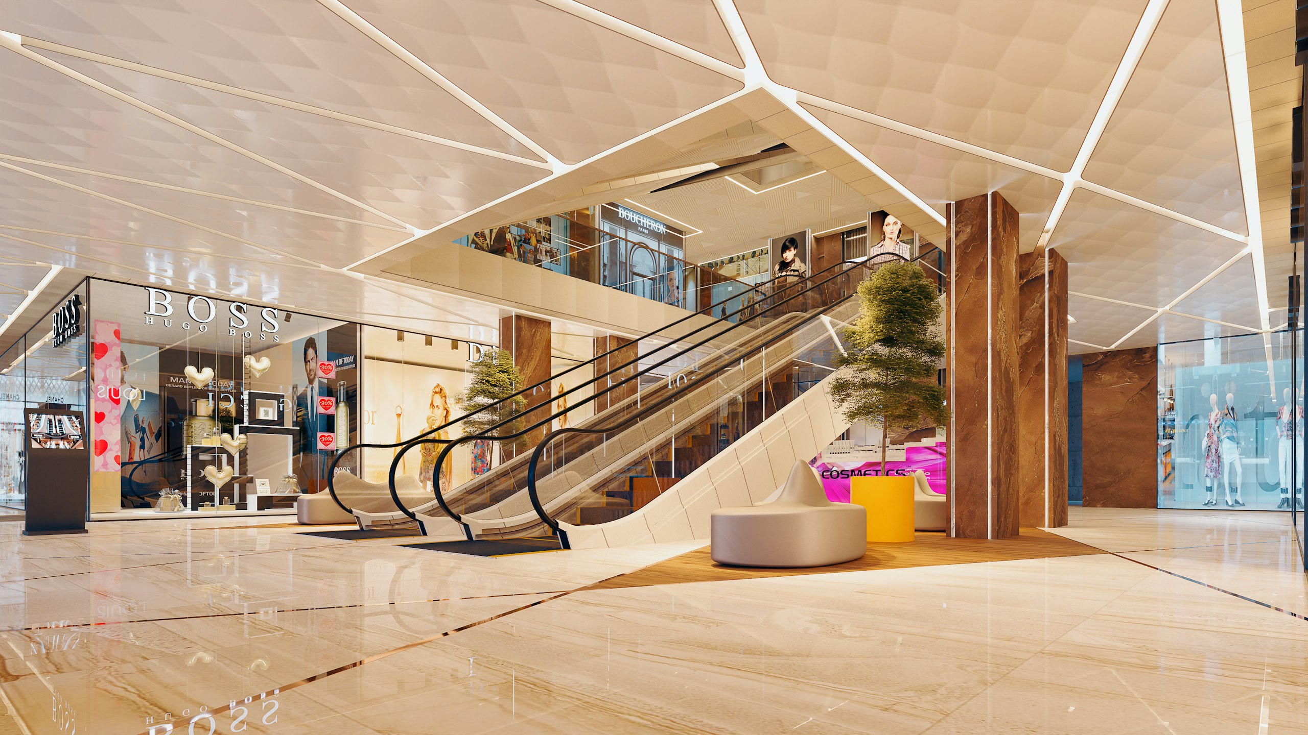 Modern mall hall with escalators and storefronts